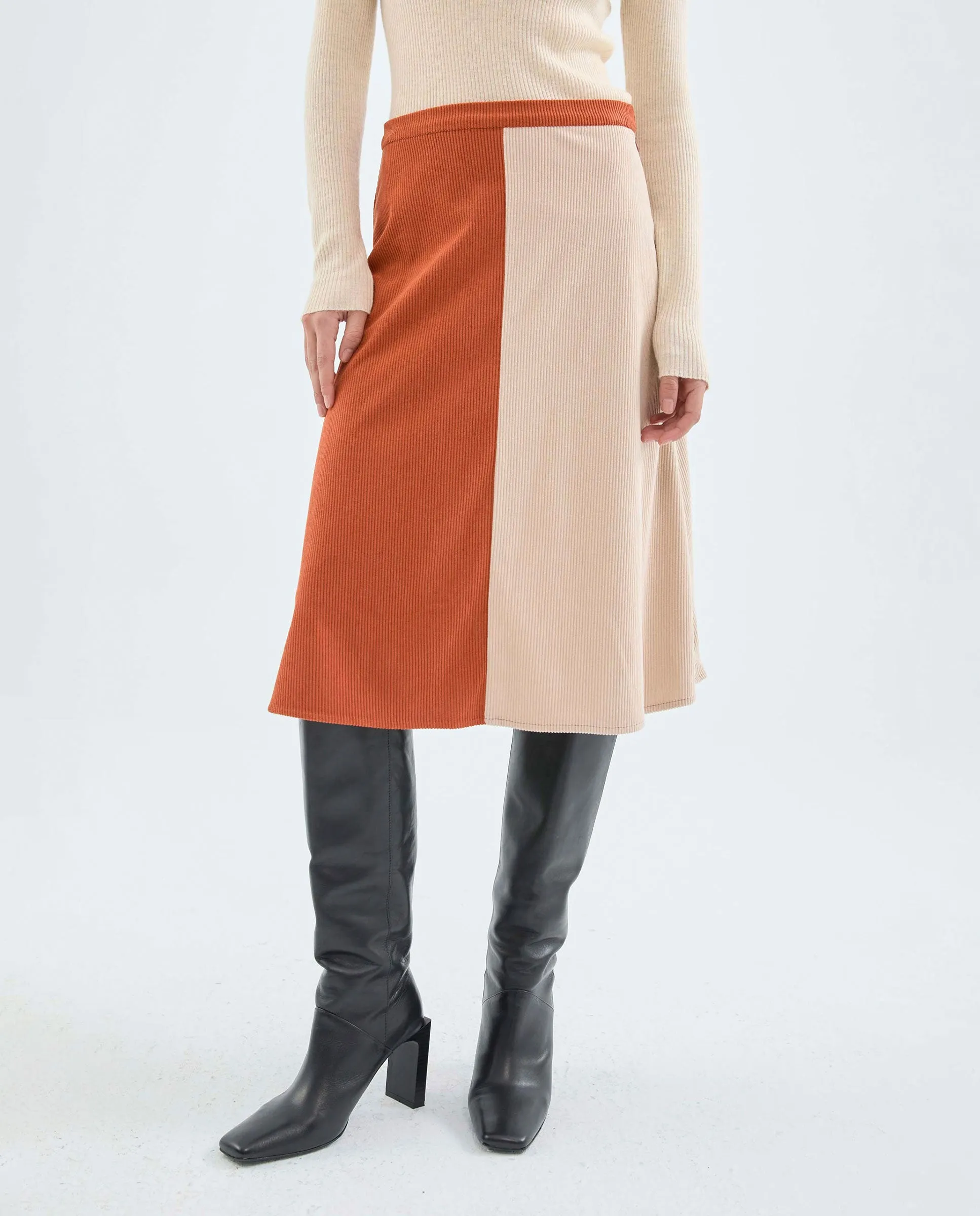 High Waisted Two Tone Orange Corduroy Skirt
