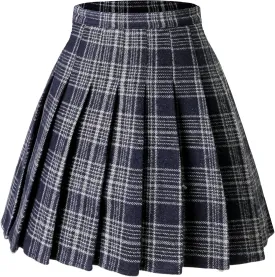 Hoerev Women Girls Thick Wool Fabric for Cold Weather Versatile Plaid Pleated Skirt with Shorts