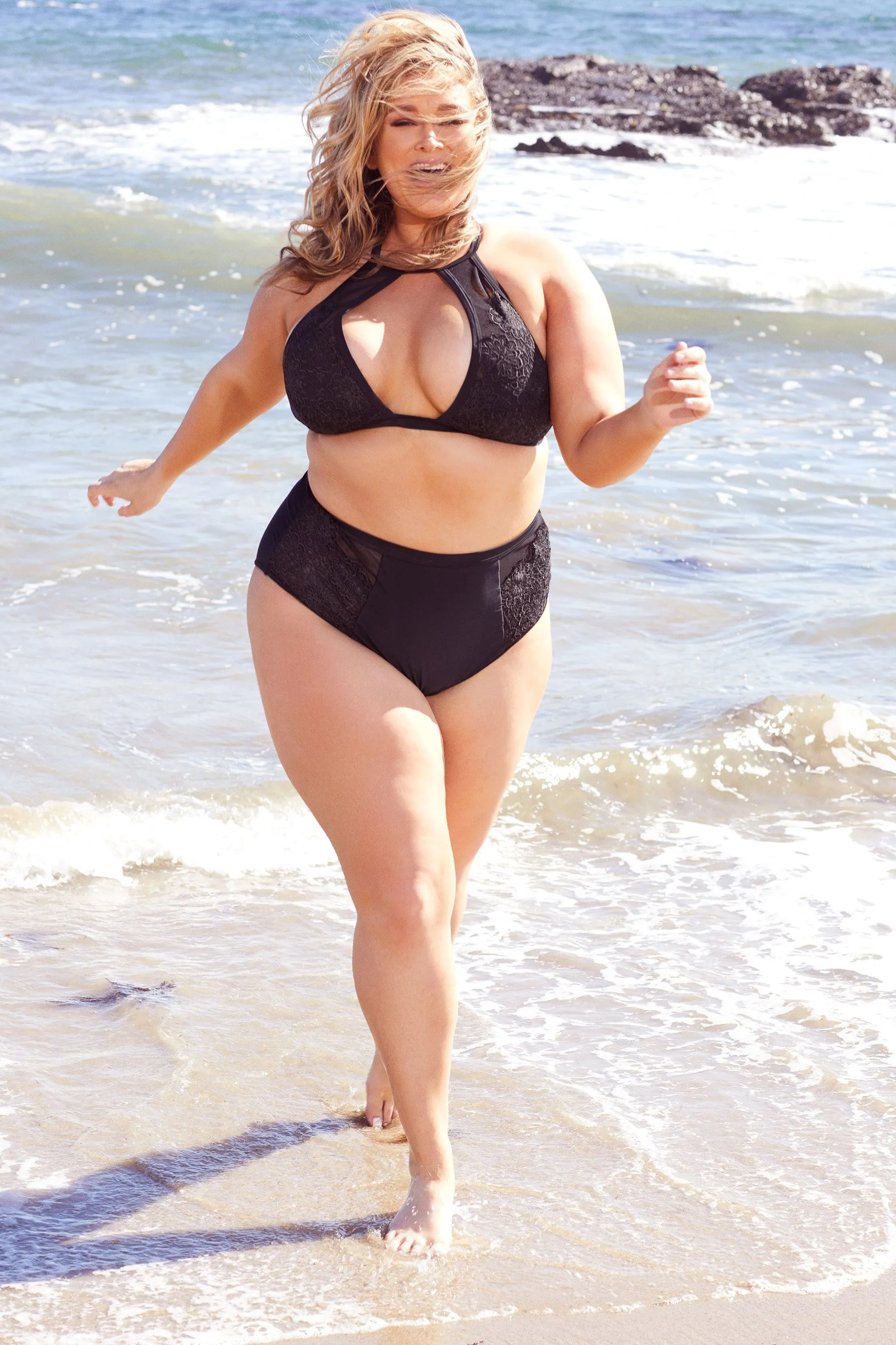 Hunter McGrady Plus Size/Curve Black High Neck Lace Panel Bikini Top