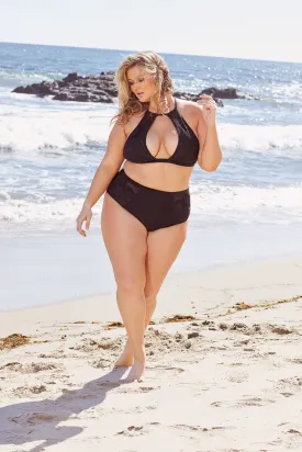 Hunter McGrady Plus Size/Curve Black High Neck Lace Panel Bikini Top