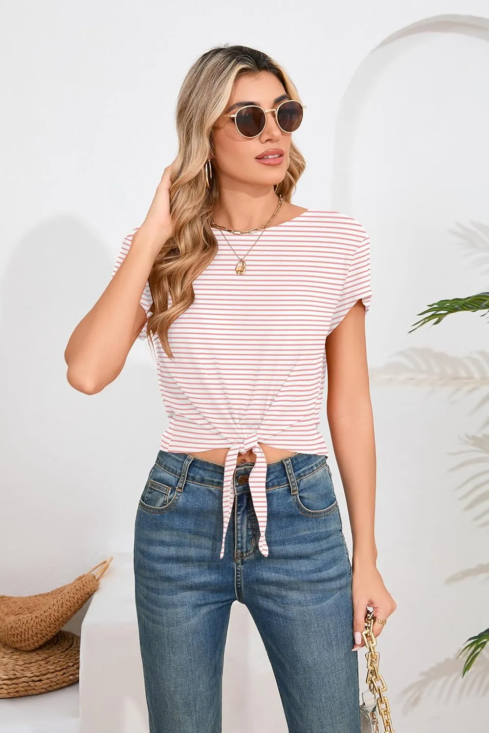 Iandroiy Women's Summer Causal Short Sleeve Blouse Round Neck Crop Tops Twist Front Tee T-Shirt