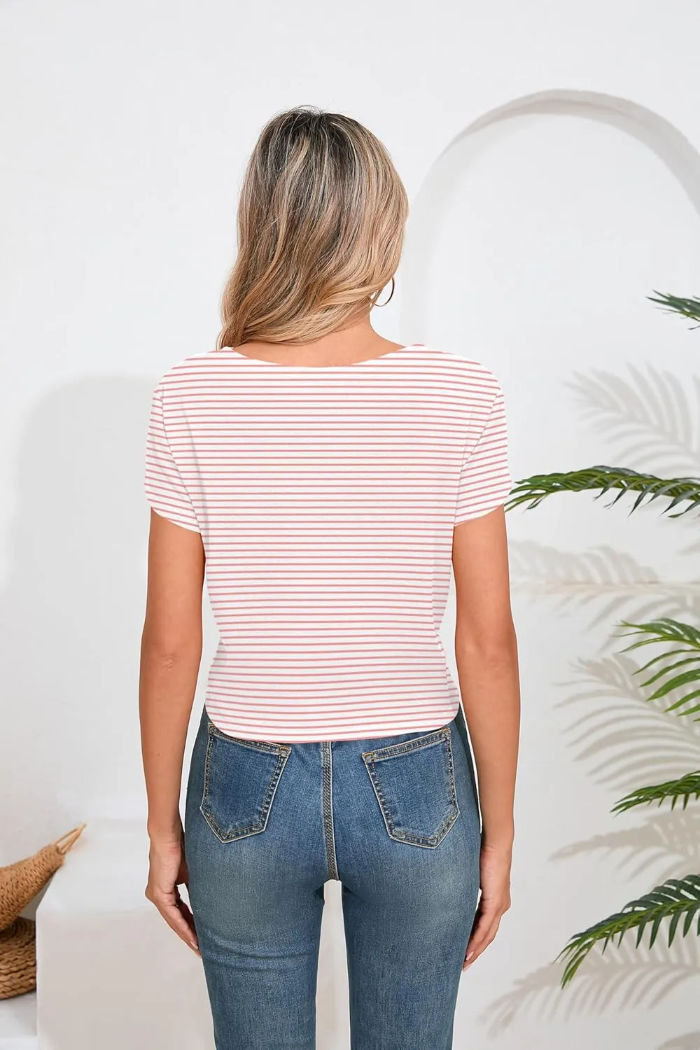 Iandroiy Women's Summer Causal Short Sleeve Blouse Round Neck Crop Tops Twist Front Tee T-Shirt