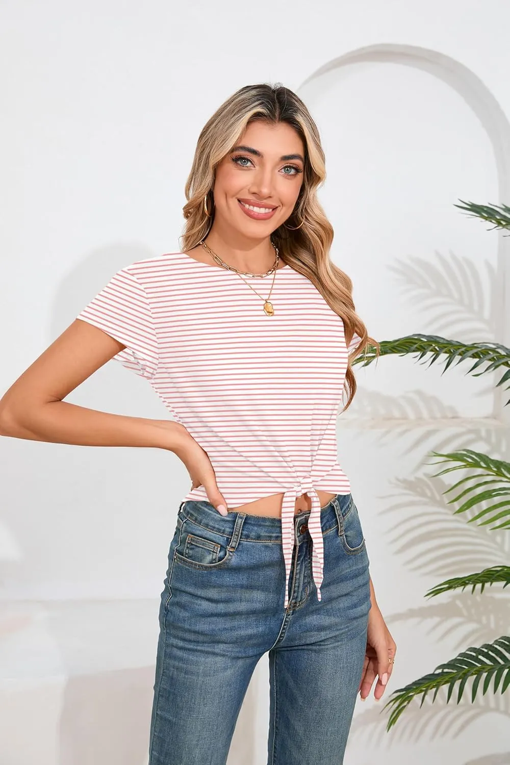 Iandroiy Women's Summer Causal Short Sleeve Blouse Round Neck Crop Tops Twist Front Tee T-Shirt