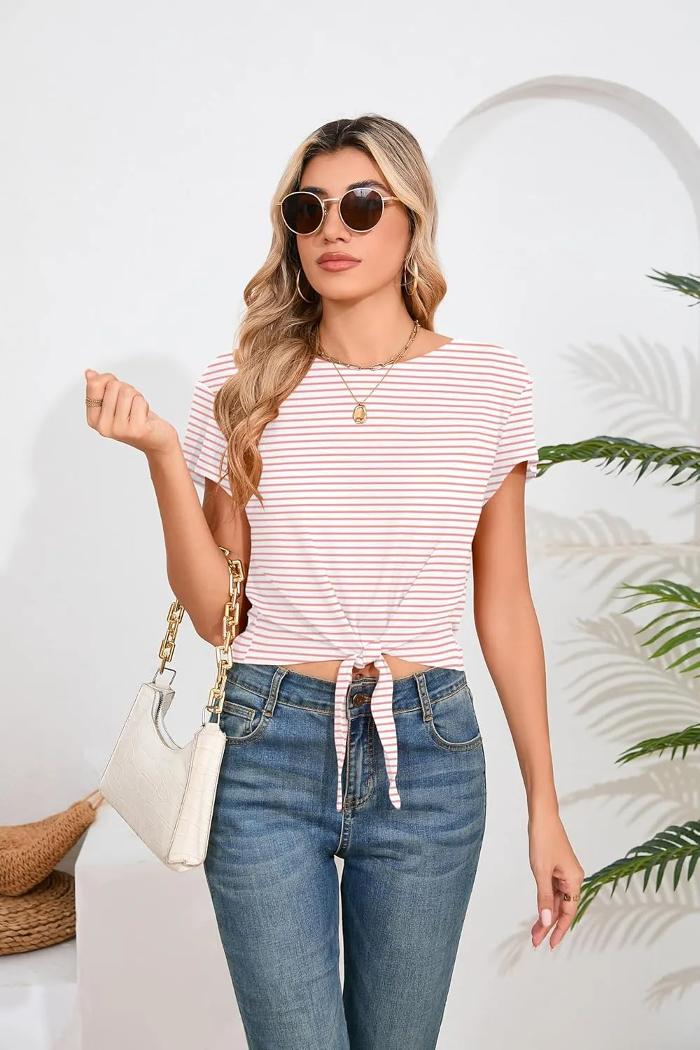 Iandroiy Women's Summer Causal Short Sleeve Blouse Round Neck Crop Tops Twist Front Tee T-Shirt