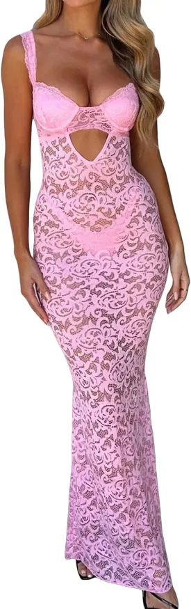 IMISSILLEB Women Backless Bodycon Maxi Dress Spaghetti Straps Floral Lace Slip Long Dress 2024 Elegant Cocktail Dress