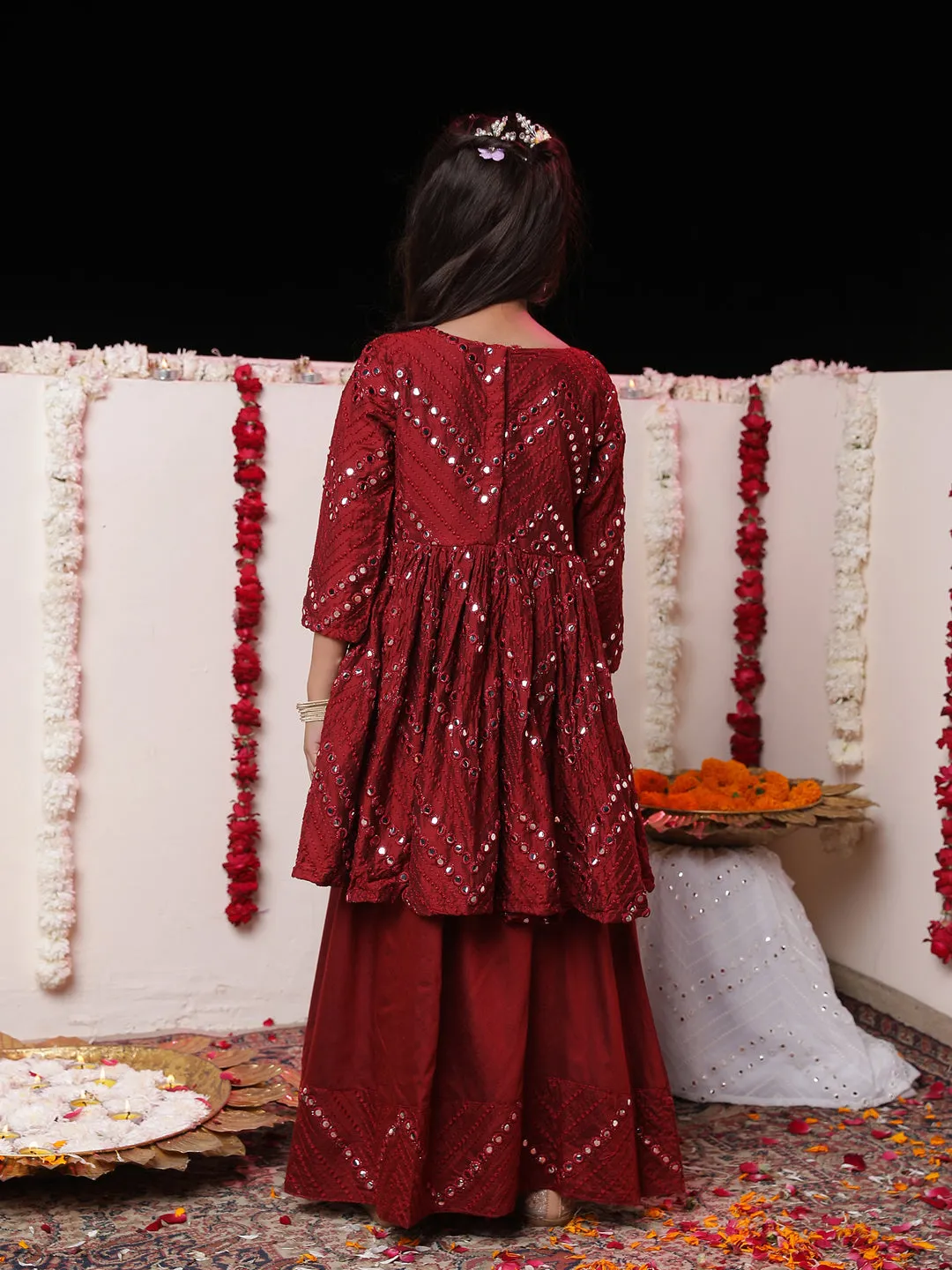 Jashvi Girl's Maroon Mirror Work Flared Kurta Long Skirt Set