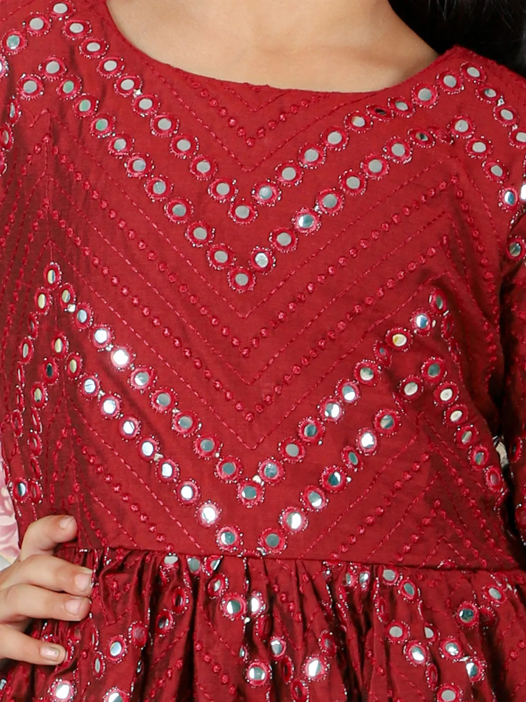 Jashvi Girl's Maroon Mirror Work Flared Kurta Long Skirt Set