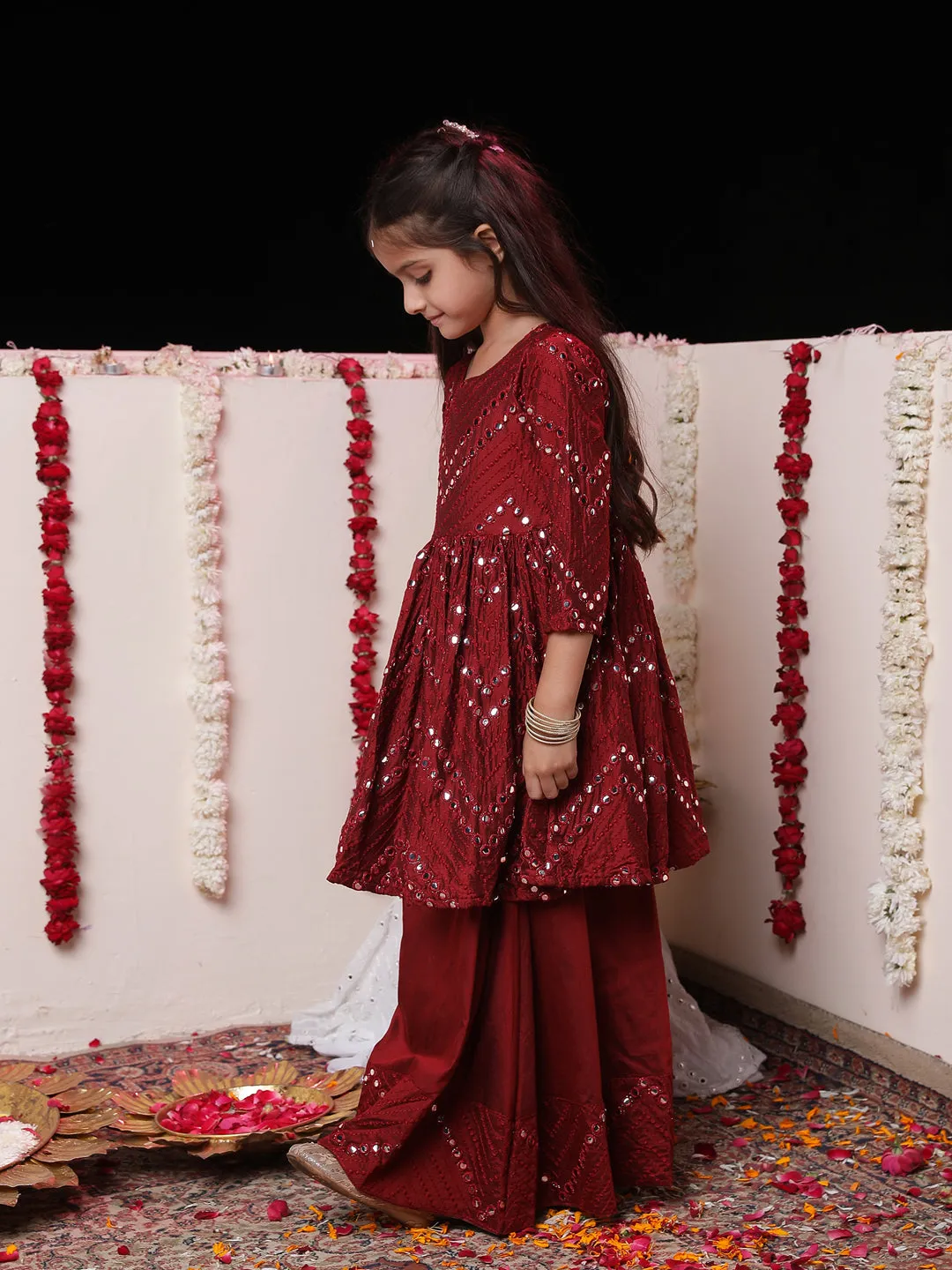 Jashvi Girl's Maroon Mirror Work Flared Kurta Long Skirt Set