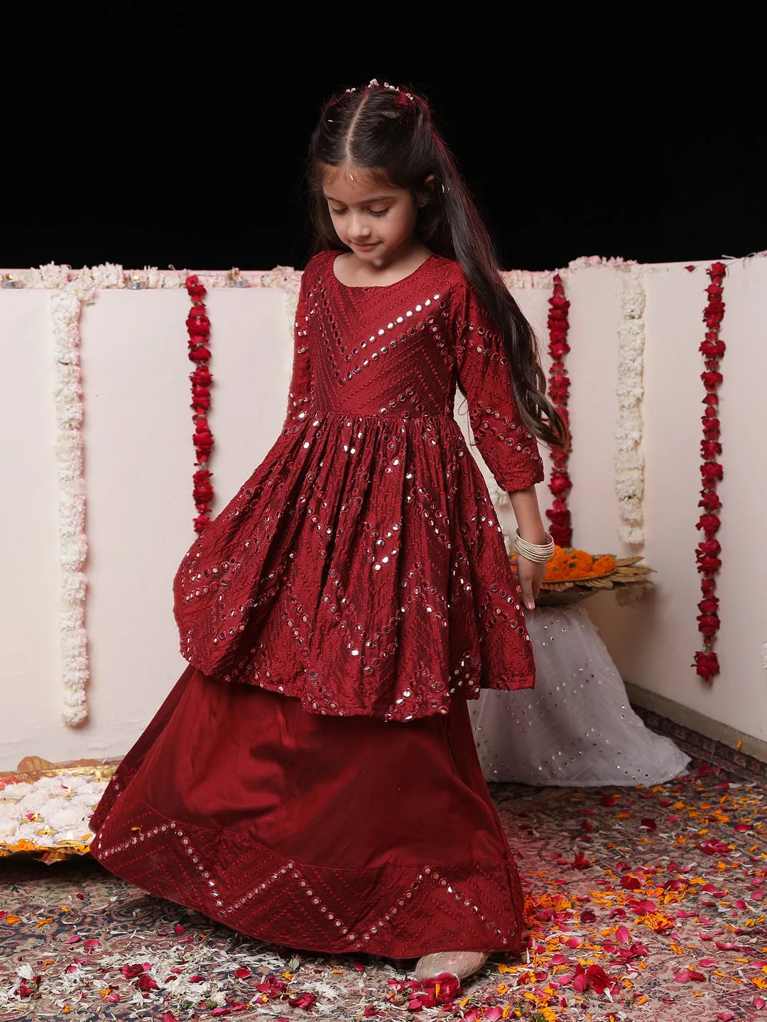 Jashvi Girl's Maroon Mirror Work Flared Kurta Long Skirt Set