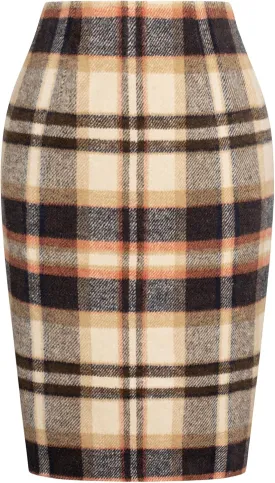 Kate Kasin Womens Wool Plaid Pencil Skirt High Waist Slit Stretchy Bodycon Fall Winter Knee Length Midi Skirt