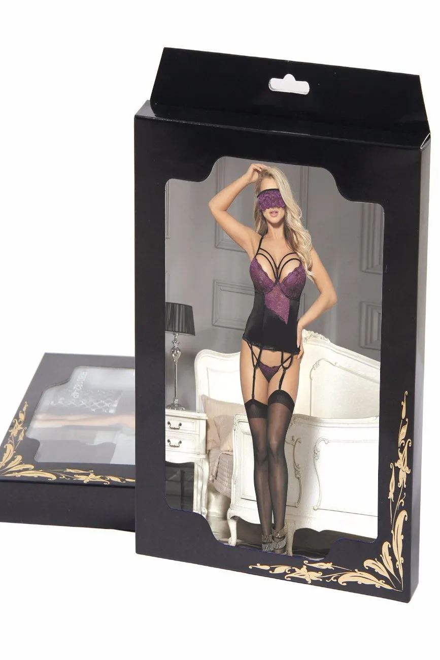 Ladies Sexy Black /Purple Lace Insert Corset on Sateen Fabric with Garters and Lace Blindfold