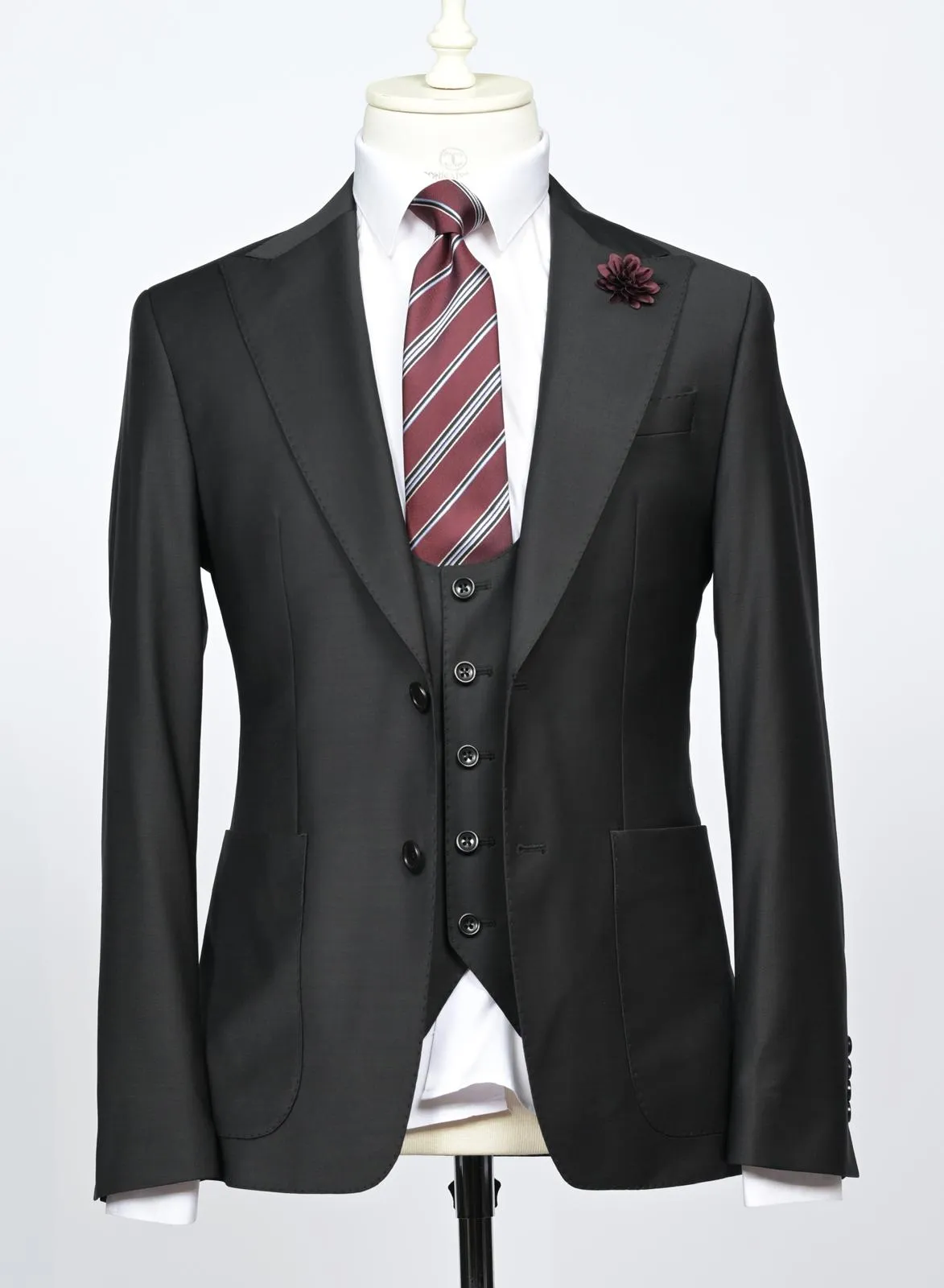 Black Classic Slim Fit 3-Piece Suit with Patch Pockets from Lanificio Mario