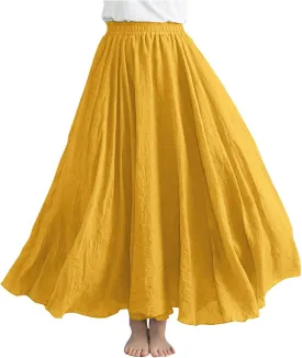 Linen Maxi Skirts for Women Flowy Swing A-Line Skirt Ankle Length Elastic High Waist Summer Beach Vacation Clothes