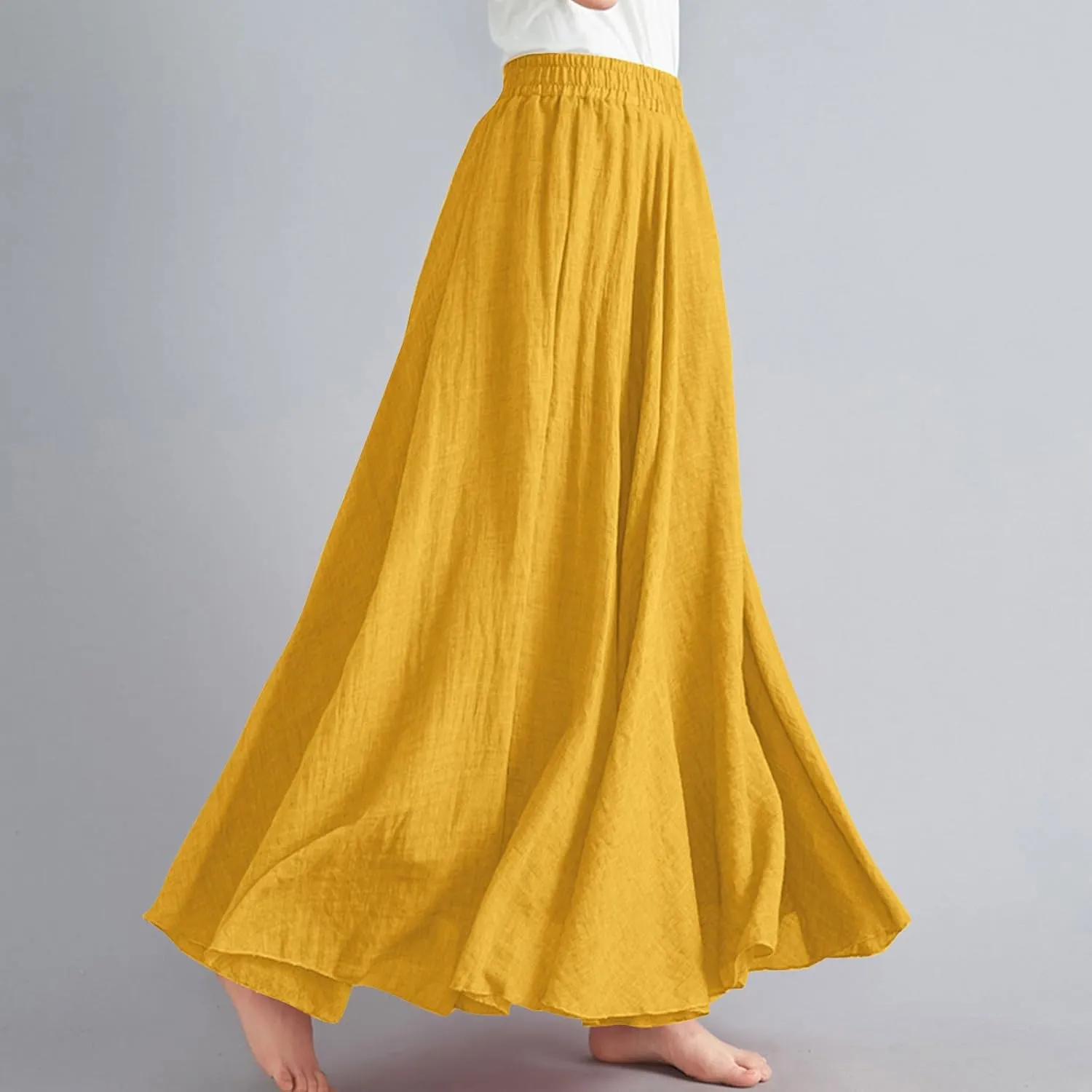Linen Maxi Skirts for Women Flowy Swing A-Line Skirt Ankle Length Elastic High Waist Summer Beach Vacation Clothes