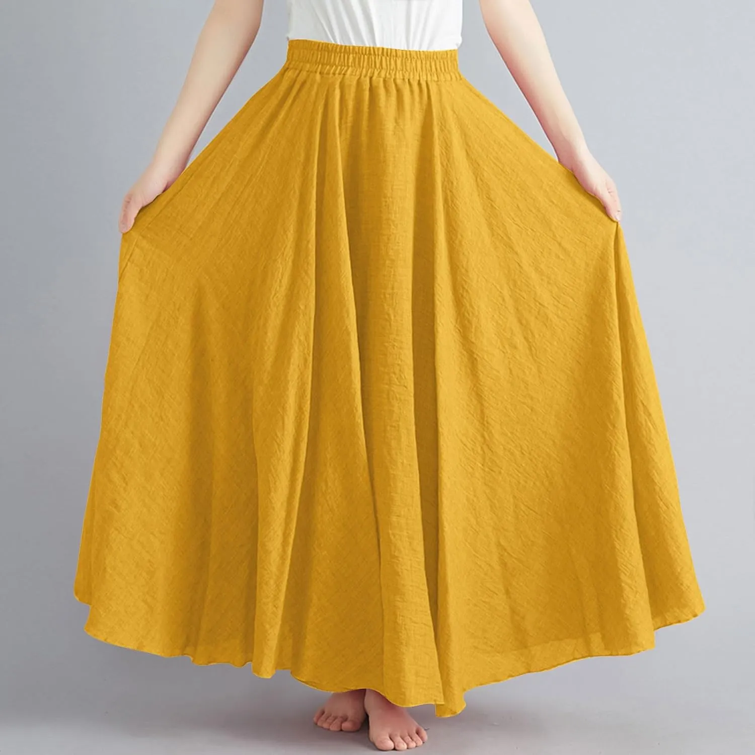 Linen Maxi Skirts for Women Flowy Swing A-Line Skirt Ankle Length Elastic High Waist Summer Beach Vacation Clothes