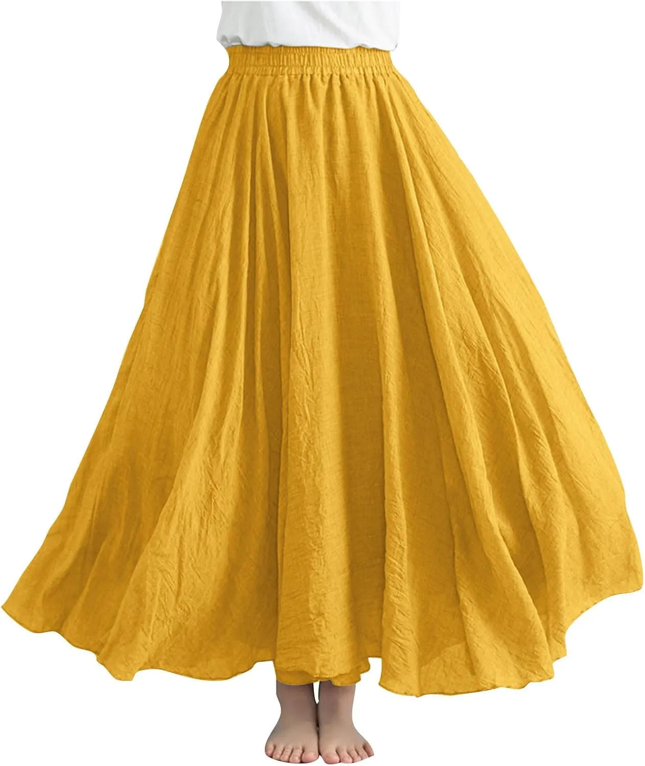 Linen Maxi Skirts for Women Flowy Swing A-Line Skirt Ankle Length Elastic High Waist Summer Beach Vacation Clothes