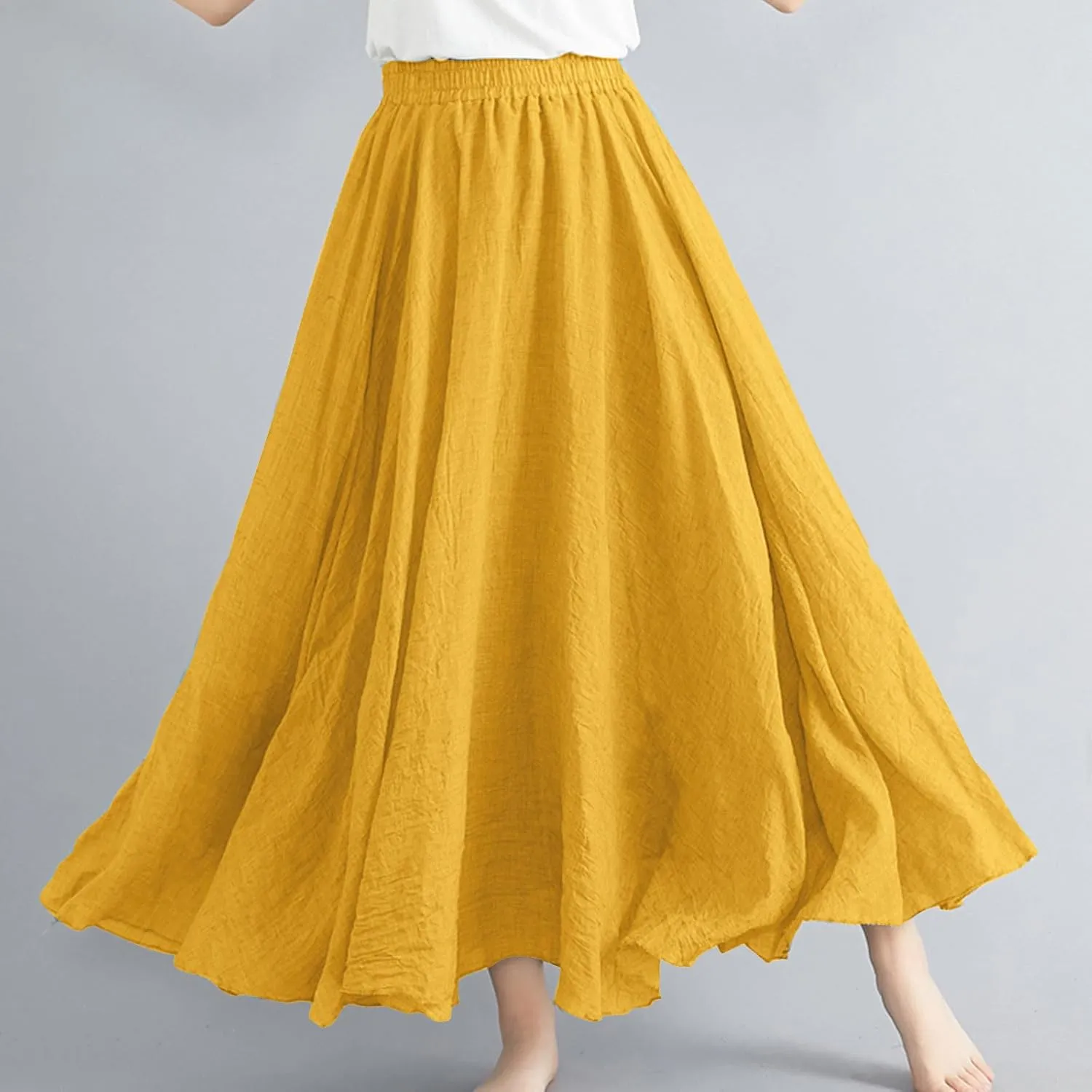 Linen Maxi Skirts for Women Flowy Swing A-Line Skirt Ankle Length Elastic High Waist Summer Beach Vacation Clothes