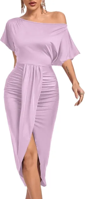 LYANER Women's One Off The Shoulder Ruched Wrap Front Split Hem Draped Party Midi Dress