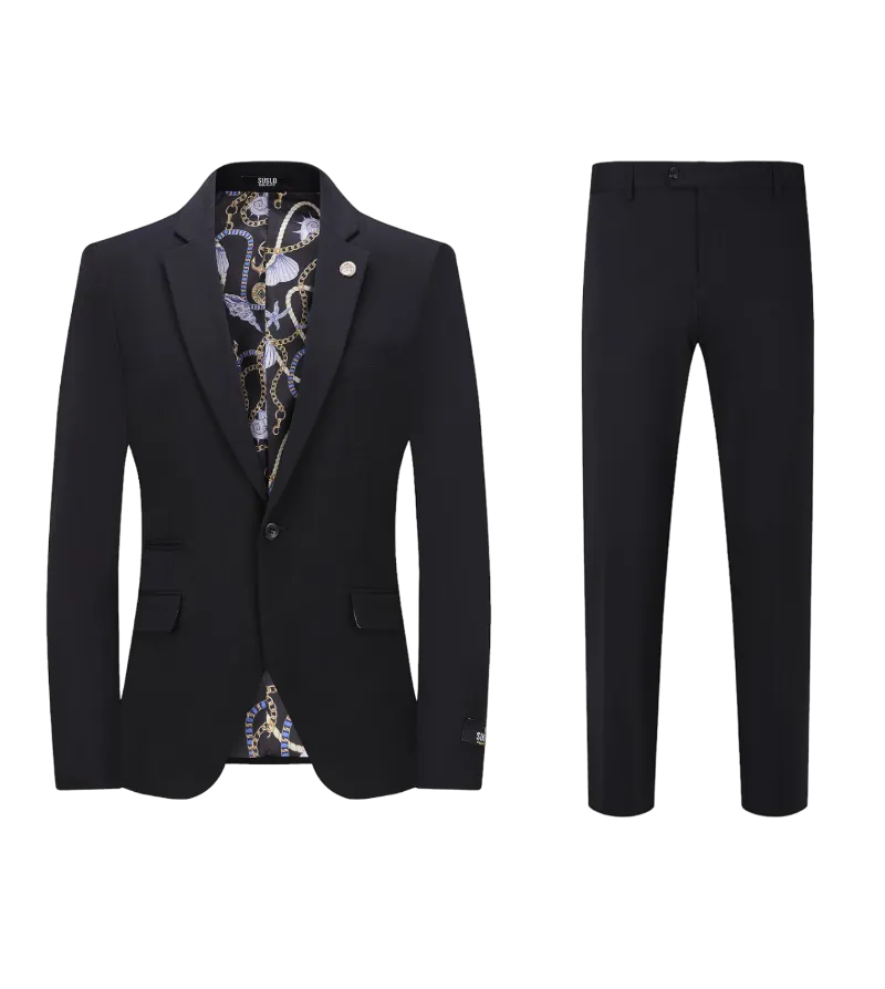 Men's black slim fit stretch material suit one button notch lapel flat front pants