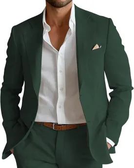 Mens Linen Suit 2 Piece Slim Fit Linen Suit for Men Beach Wedding Two Button Summer Casual Prom Party Suits Set