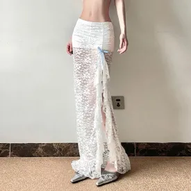Metaversmall Asymmetrical Fashion White Lace Skirt Women Bow Ruffles See Through Split Korean Style Party Long Skirt Sexy Bottoms