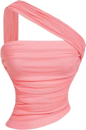 Milumia Women's One Shoulder Tops Ruched Sleeveless Mesh Halter Crop Tube Top