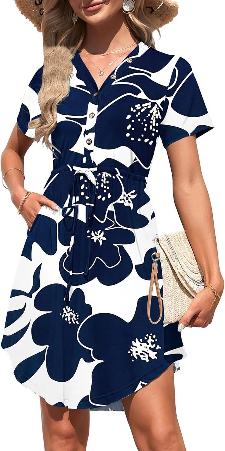 MISFAY Women Summer Dress Casual V Neck Short Sleeve Drawstring 2025 Mini Dresses with Pocket