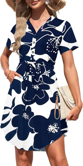 MISFAY Women Summer Dress Casual V Neck Short Sleeve Drawstring 2025 Mini Dresses with Pocket