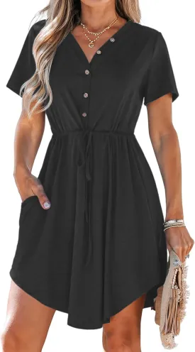 MISFAY Women Summer Dress Casual V Neck Short Sleeve Drawstring 2025 Mini Dresses with Pocket