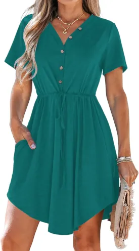 MISFAY Women Summer Dress Casual V Neck Short Sleeve Drawstring 2025 Mini Dresses with Pocket