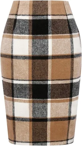 Mywinway Plaid Skirts for Women 2024 Fall Winter Knee Length Wool Pencil Skirt