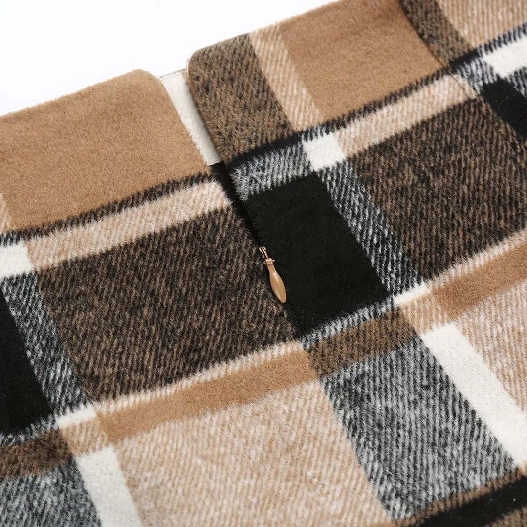 Mywinway Plaid Skirts for Women 2024 Fall Winter Knee Length Wool Pencil Skirt