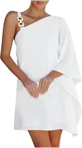 NaRHbrg 2025 Women One Shoulder Casual Summer Dresses Casual Batwing Sleeve One Shoulder Dress Club Party Cocktail Sundress
