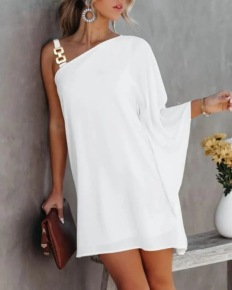 NaRHbrg 2025 Women One Shoulder Casual Summer Dresses Casual Batwing Sleeve One Shoulder Dress Club Party Cocktail Sundress