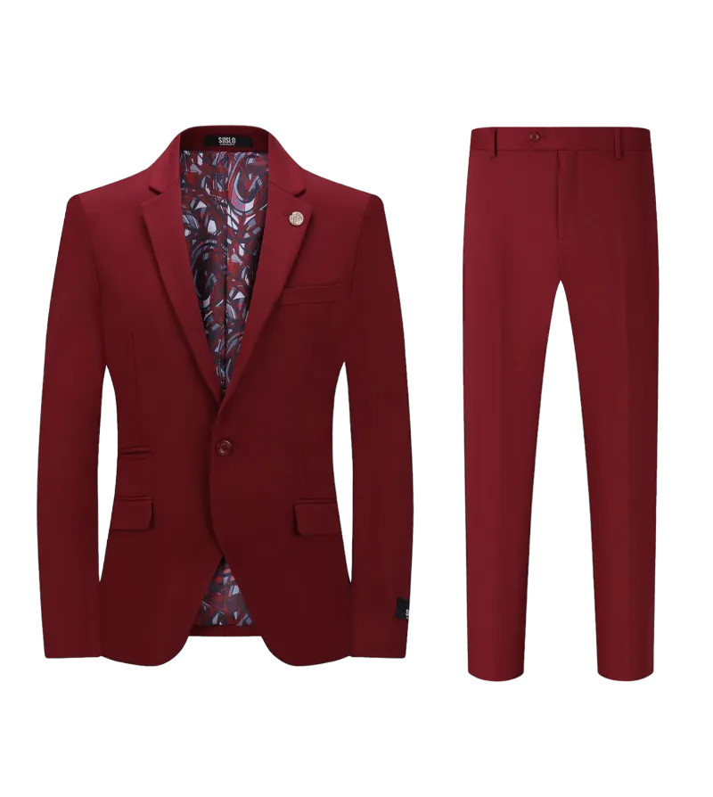 New York burgundy men's slim fit 2pc suit stretch fabric notch lapel