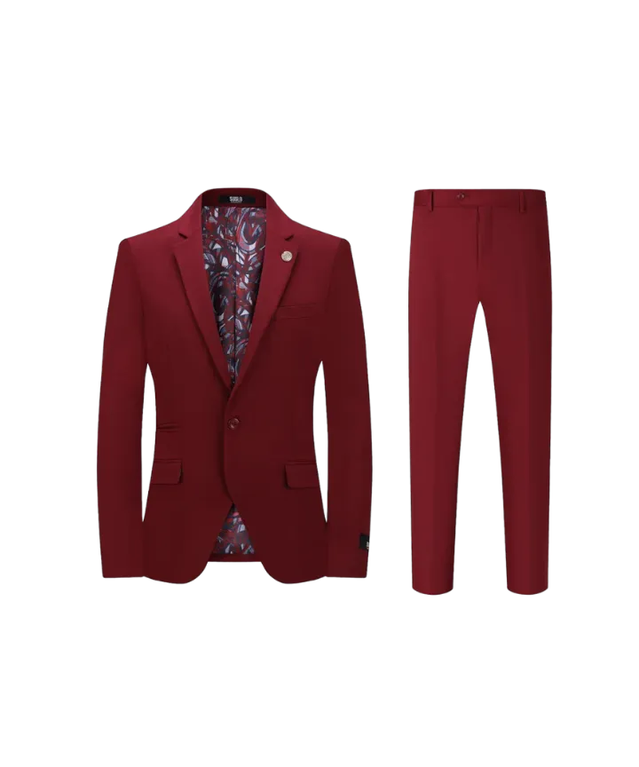 New York burgundy men's slim fit 2pc suit stretch fabric notch lapel