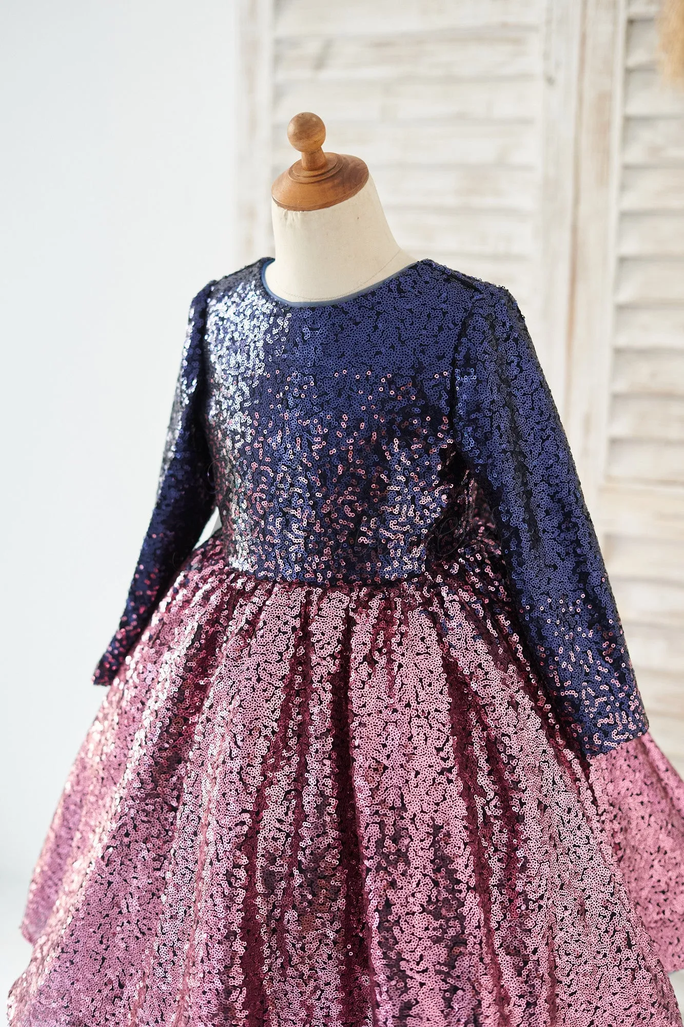 Ombre Navy Pink Sequin V Back Wedding Flower Girl Dress, Bow