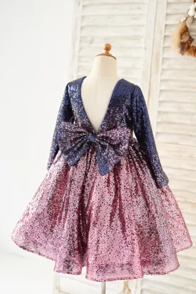 Ombre Navy Pink Sequin V Back Wedding Flower Girl Dress, Bow