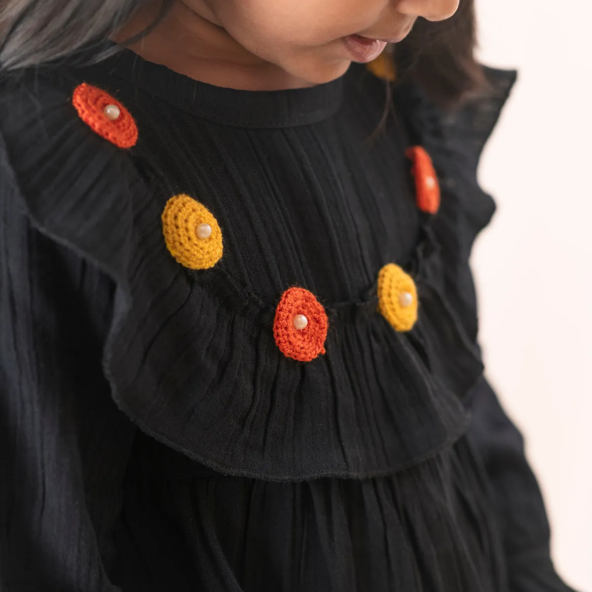 Organic Cotton Muslin Dress for Girls | With Rose Hair Tie Band | Black