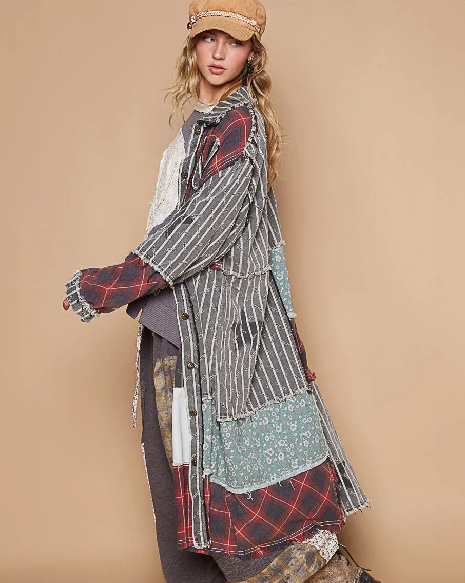 Patchwork Cotton Twill & Flannel Long Coat