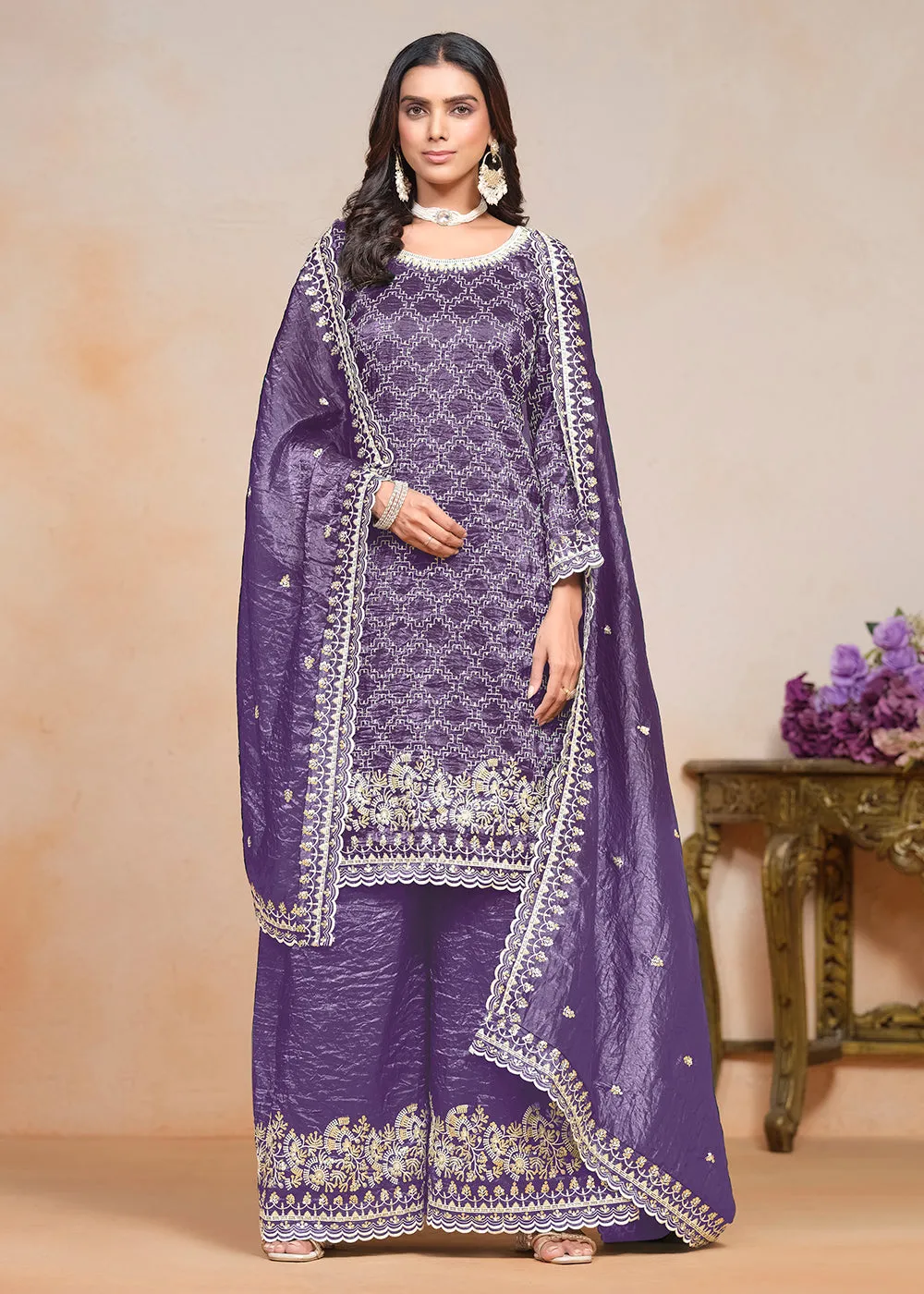 Plum Purple Gold Crushed Embroidered Palazzo Suit
