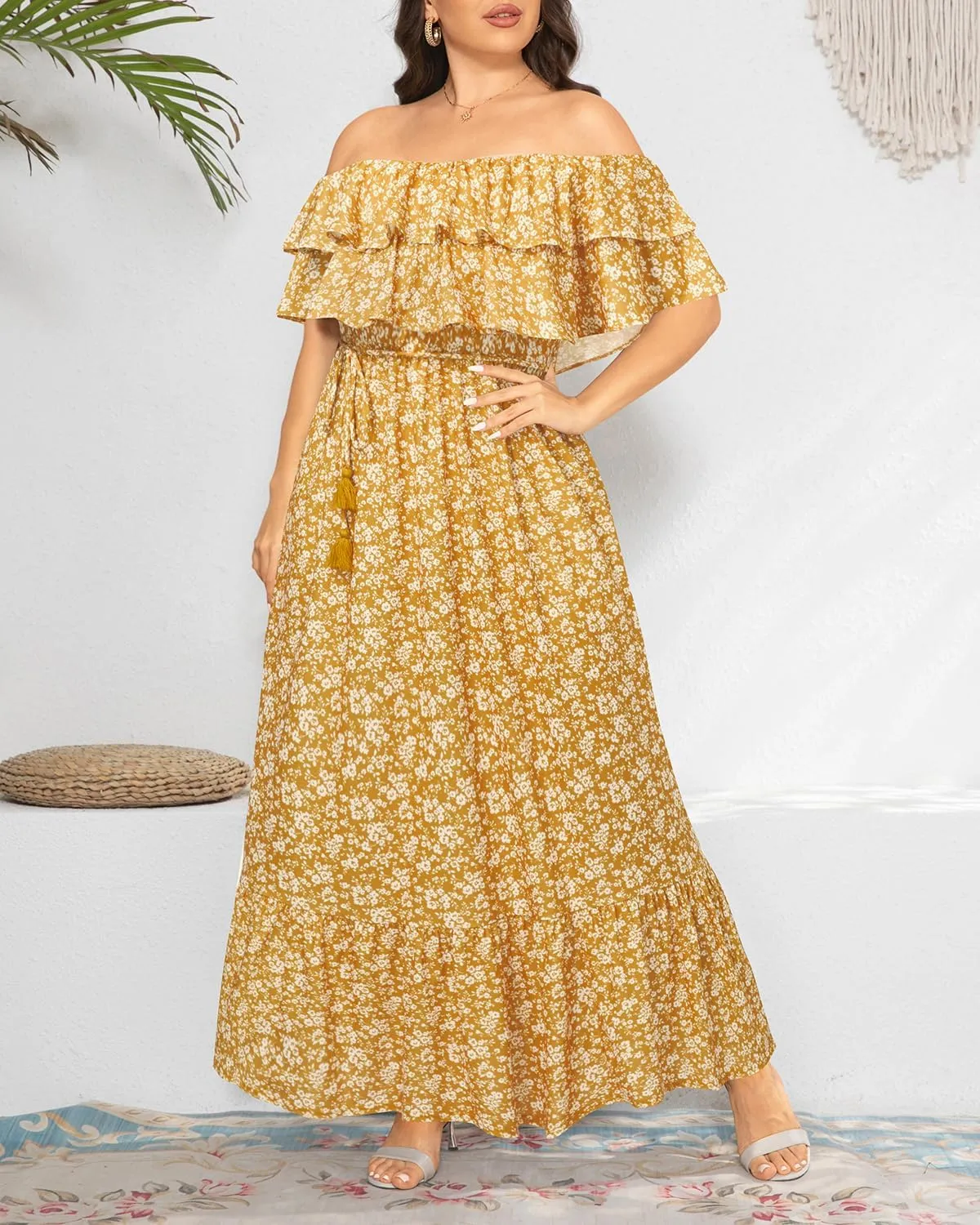 Plus Size Off The Shoulder Maxi Long Casual Layered Ruffle Beach Sundress Women Pocket 2024