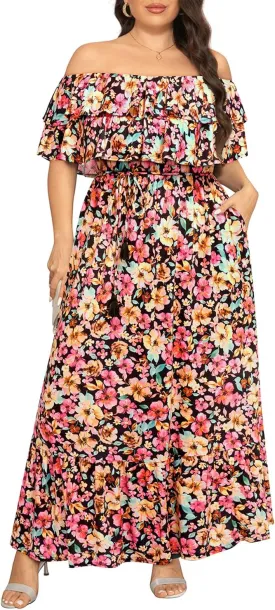 Plus Size Off The Shoulder Maxi Long Casual Layered Ruffle Beach Sundress Women Pocket 2024