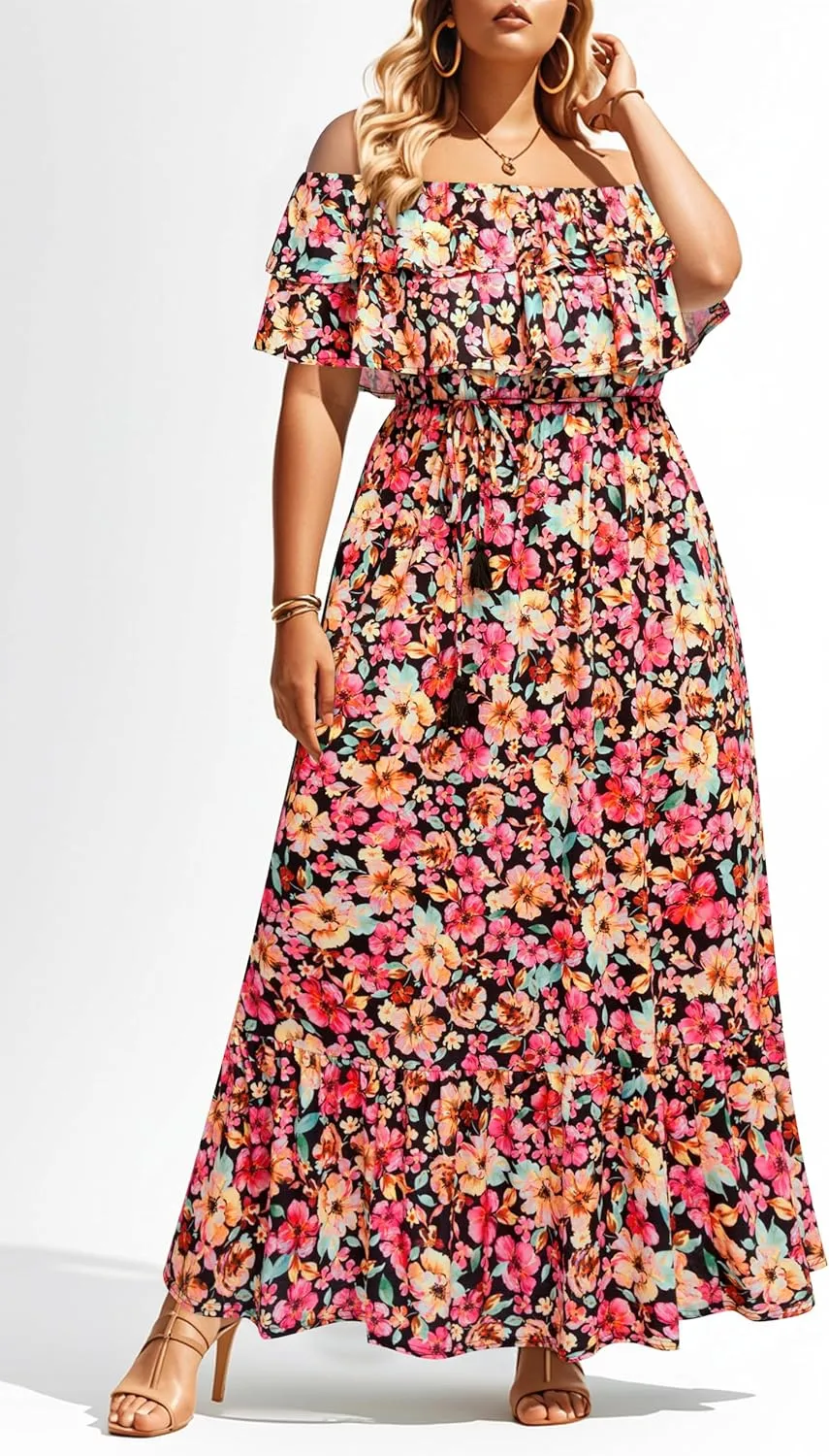 Plus Size Off The Shoulder Maxi Long Casual Layered Ruffle Beach Sundress Women Pocket 2024