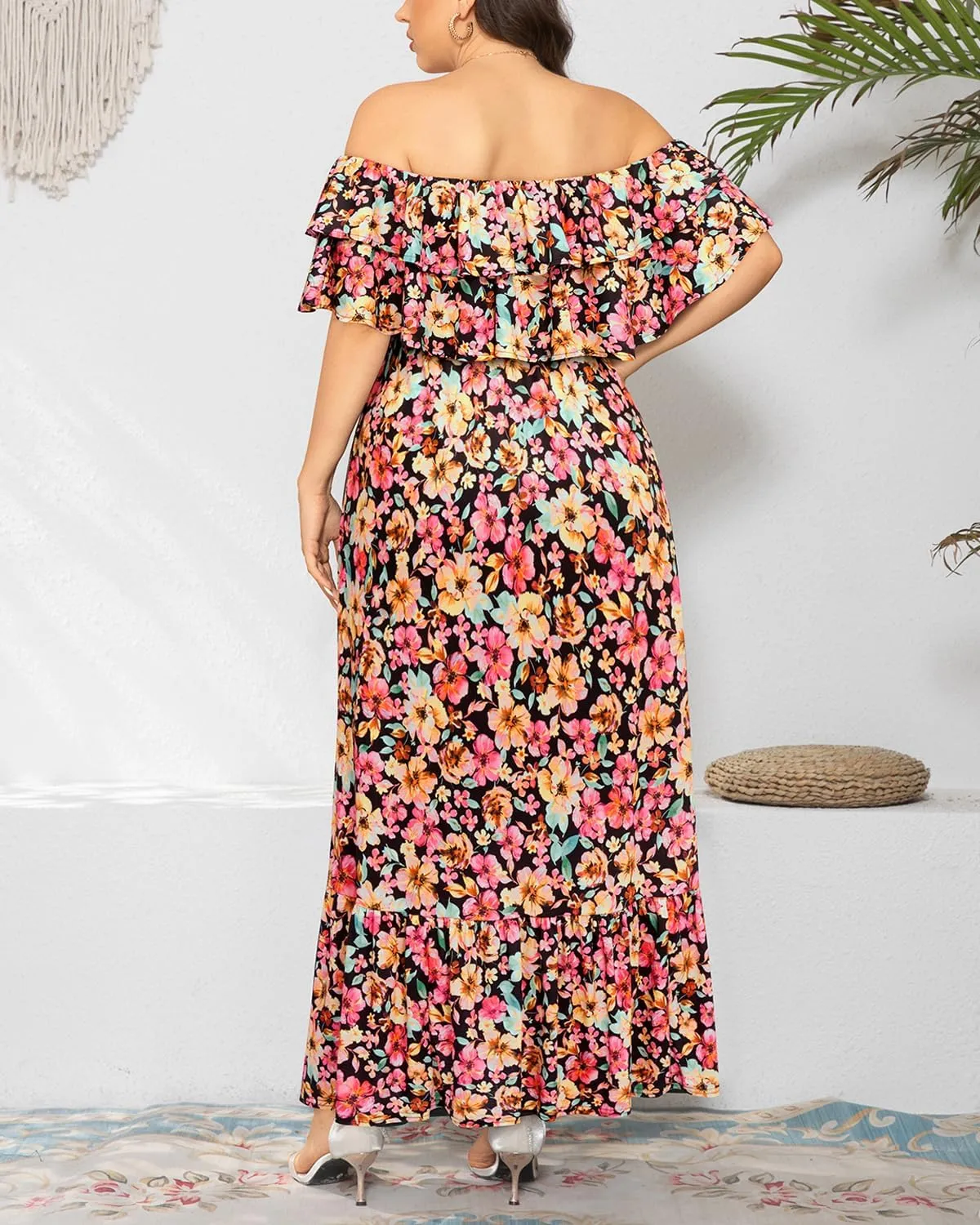 Plus Size Off The Shoulder Maxi Long Casual Layered Ruffle Beach Sundress Women Pocket 2024