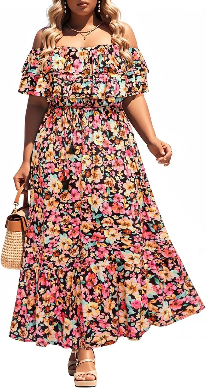 Plus Size Off The Shoulder Maxi Long Casual Layered Ruffle Beach Sundress Women Pocket 2024