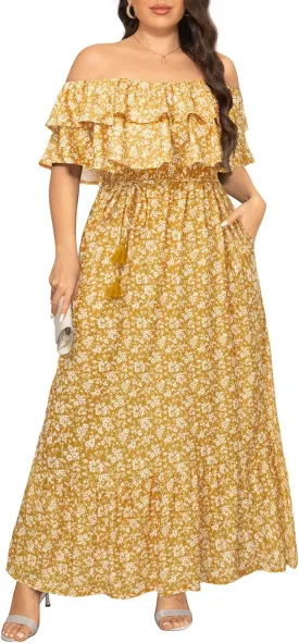 Plus Size Off The Shoulder Maxi Long Casual Layered Ruffle Beach Sundress Women Pocket 2024