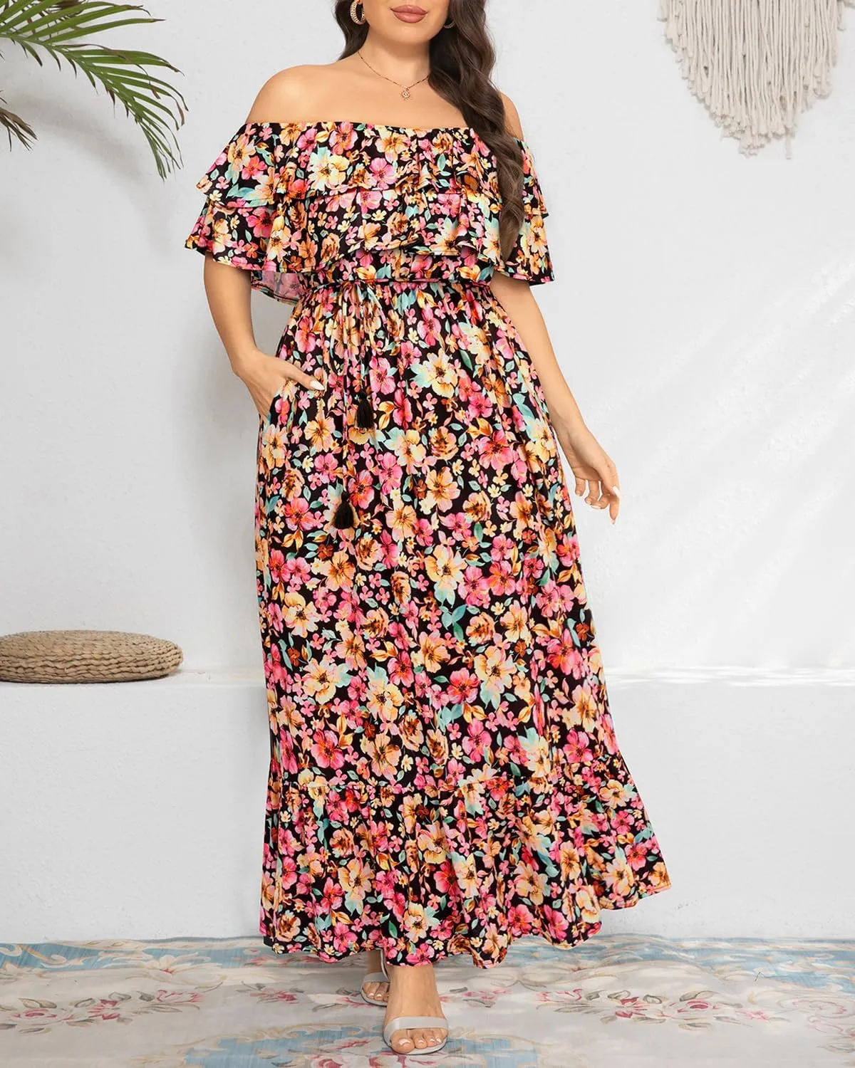 Plus Size Off The Shoulder Maxi Long Casual Layered Ruffle Beach Sundress Women Pocket 2024