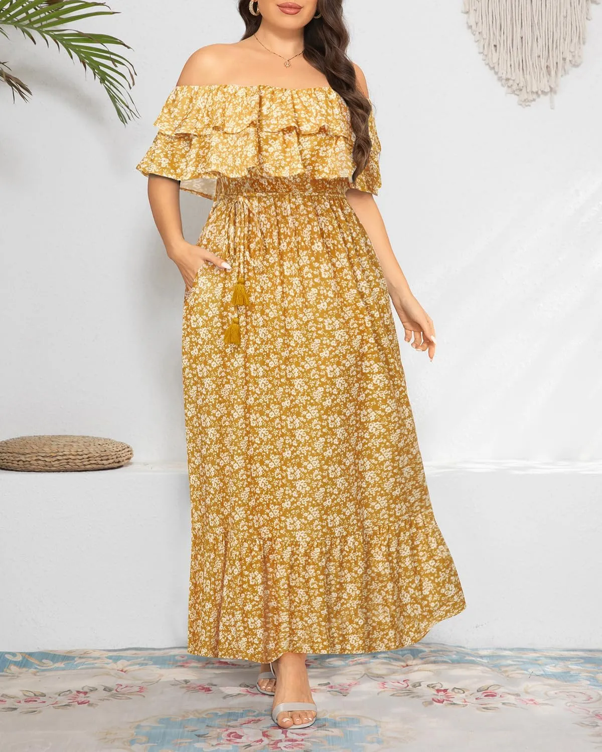Plus Size Off The Shoulder Maxi Long Casual Layered Ruffle Beach Sundress Women Pocket 2024