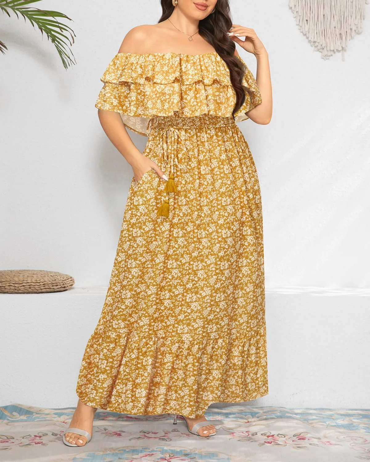 Plus Size Off The Shoulder Maxi Long Casual Layered Ruffle Beach Sundress Women Pocket 2024